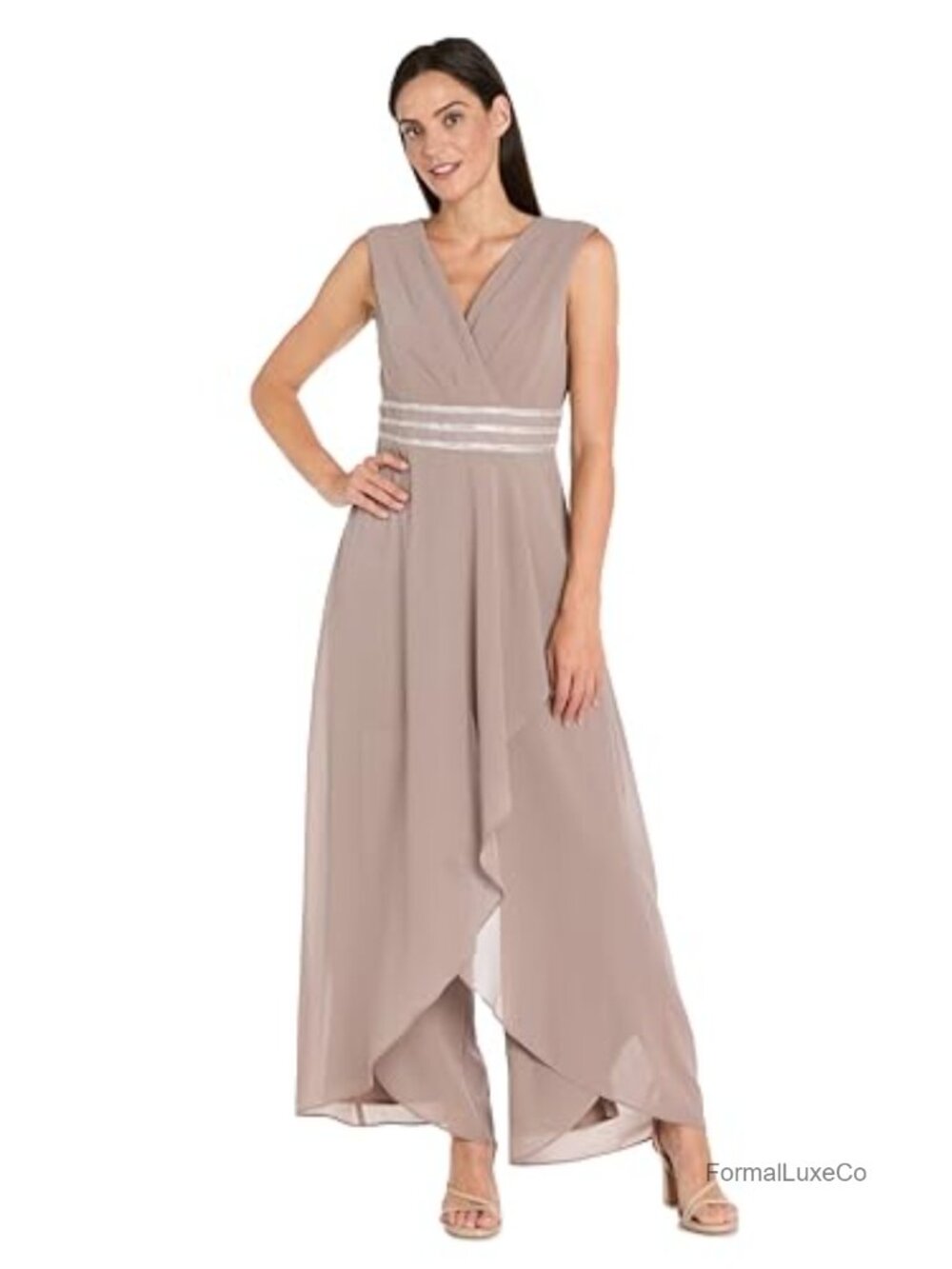 Elegant Chiffon Overlay Jumpsuit with Rhinestone Waistband - Sleeveless Formal